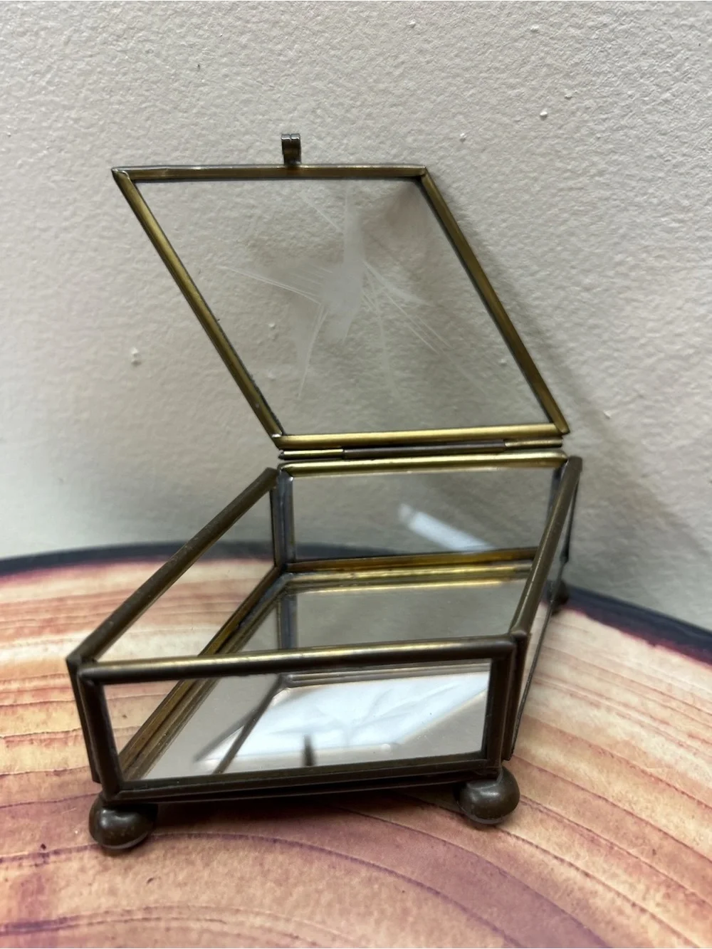 Vintage Diamond Coffin Style Glass Trinket Box Brass Footed Mirrored Floral